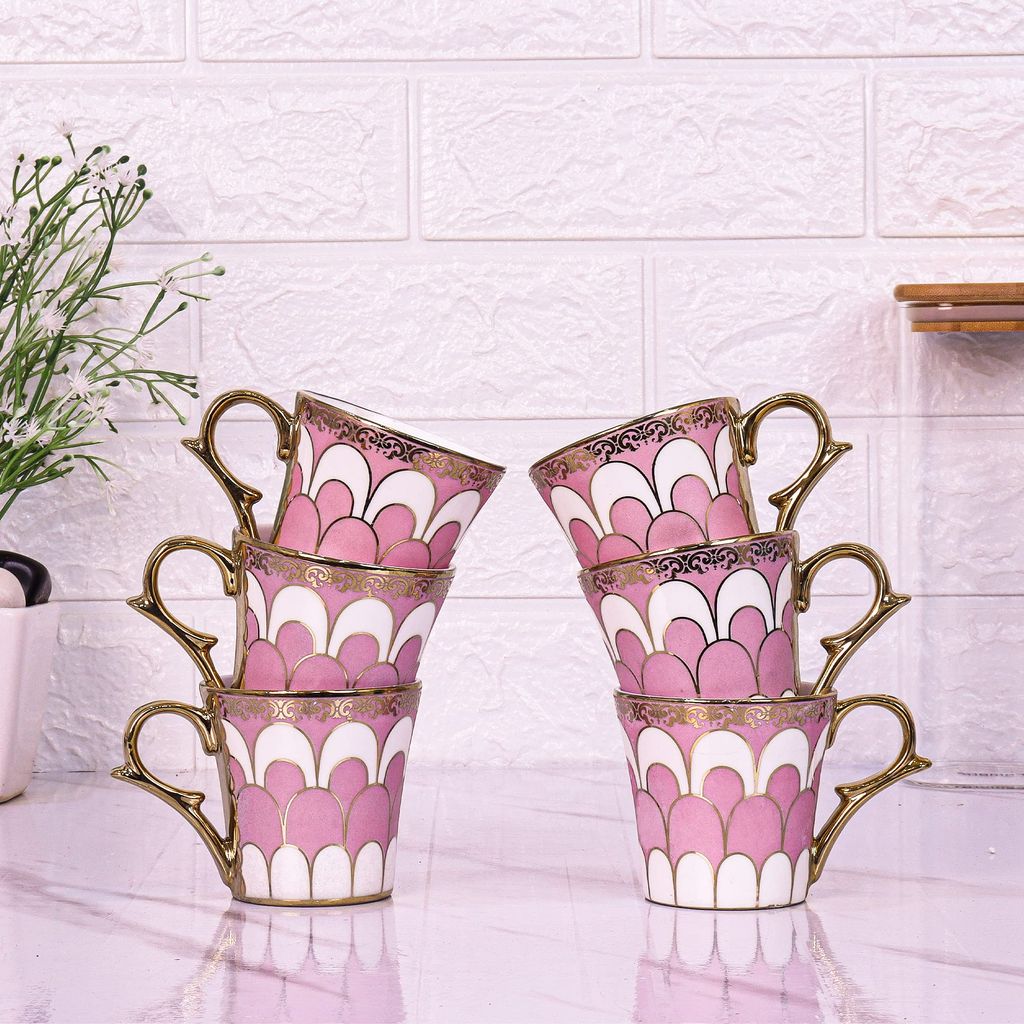 Femora Water Drop Scale Pattern Golden Tea Mugs, Ceramic Tea Cups, Coffee Mugs (160 ml, Pink) - 6 Pcs Set
