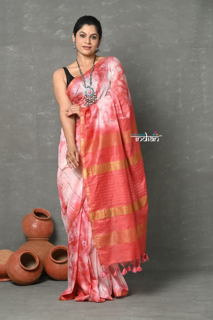 Tyohaar ~ Designer! Cotton Viscose Hand Dyed Saree With Sleek Border - White Red - Sarees | Buy online on ZillyBuy