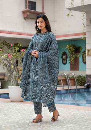 Royal Blue Printed Suit With Dupatta-S