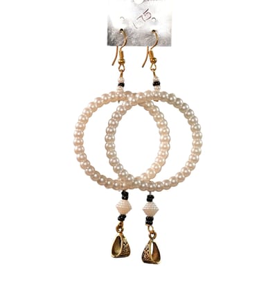 Elegant Handmade Pearl Bead Hoop Earrings with Gold-Tone Charm Drops | Traditional Ethnic Style | Lightweight 6 cm Earrings | Set of 1 Pair