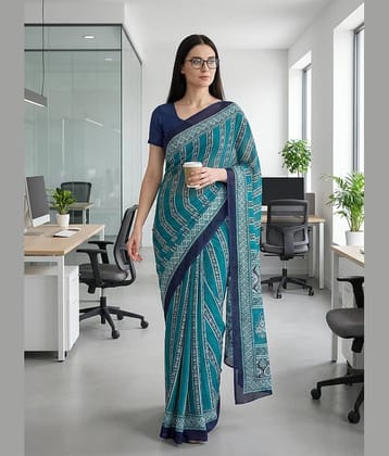 ANAND SAREES Georgette Printed Kasavu Saree With Unstitched Blouse Piece ( BLUE )