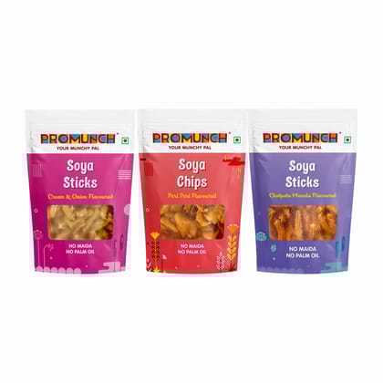 PROMUNCH Combo Pack - Soya Sticks (Chatpata Masala , Cream Onion) + Soya Chips (Peri Peri) - 120g Each