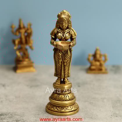 Brass Deep Lakshmi Idol Standing Lady with Lamps Deeplakshmi Statue for Pooja and Home Decor - 8 Inch Height