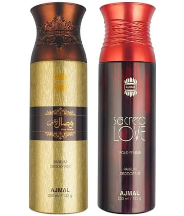 Ajmal Wisal Dhahab & Sacred Love Deodorant Body Spray 200Ml Each Gift For Men & Women Pack of 2