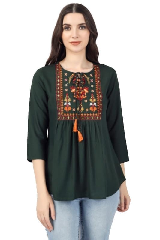 Women's Embroidered Short Length Rayon Tunic Top (Green, 2XL)-PID46353