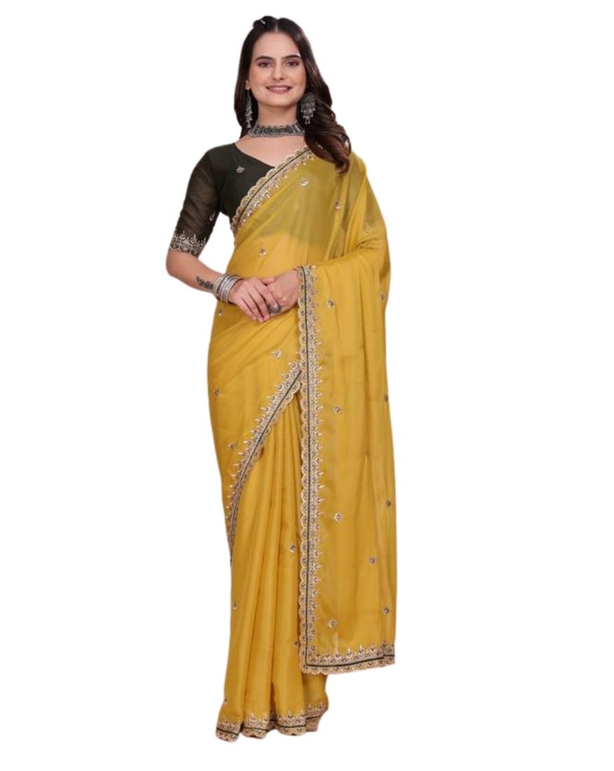 GENERIC Women's Georgette Embellished Saree With Unstitched Blouse 5.5Mtr (Yellow)-PID67482