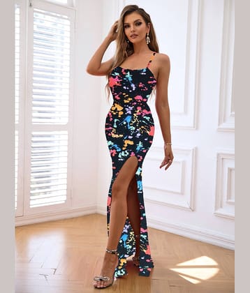 Traquila Women Lycra Printed Side Slit Dress ( Multicolor )