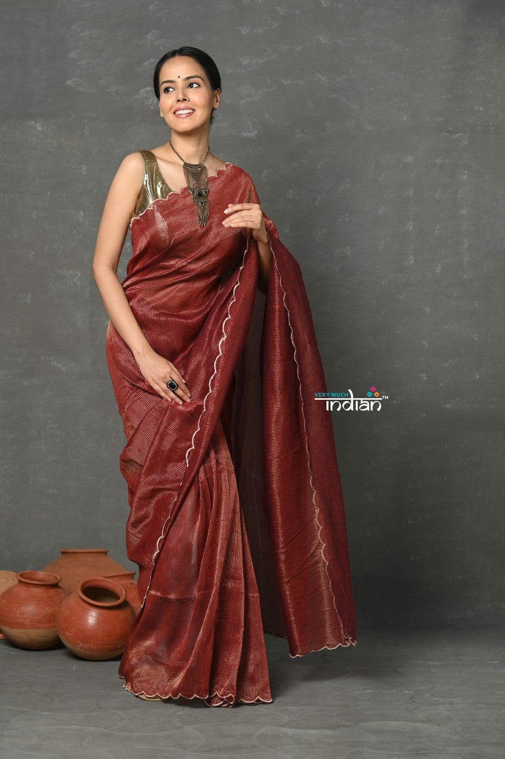 Tyohaar ~ Mul Cotton Zari Design Handloom Woven Saree - Maroon