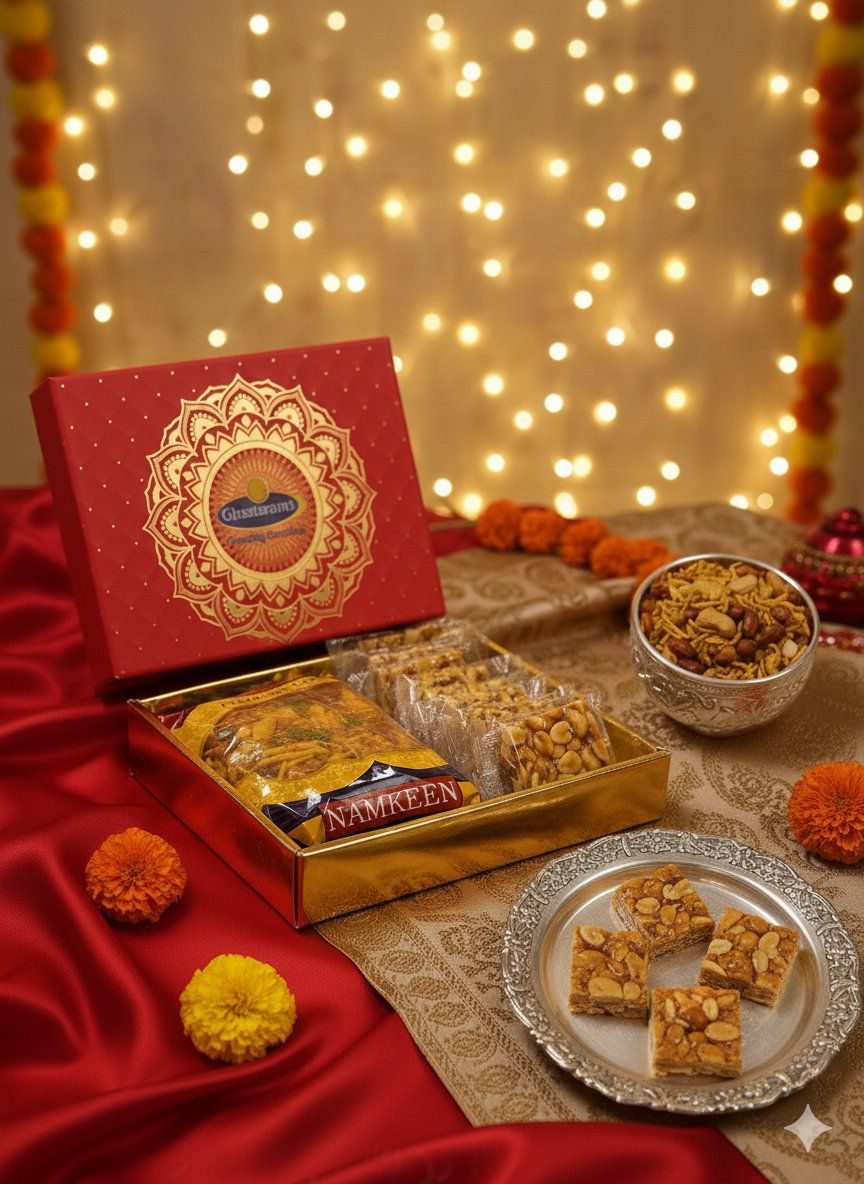 Ghasitaram's Diwali Gift Hamper with Chikki, Namkeen 350g, Greeting Card, Traditional Indian Sweet
