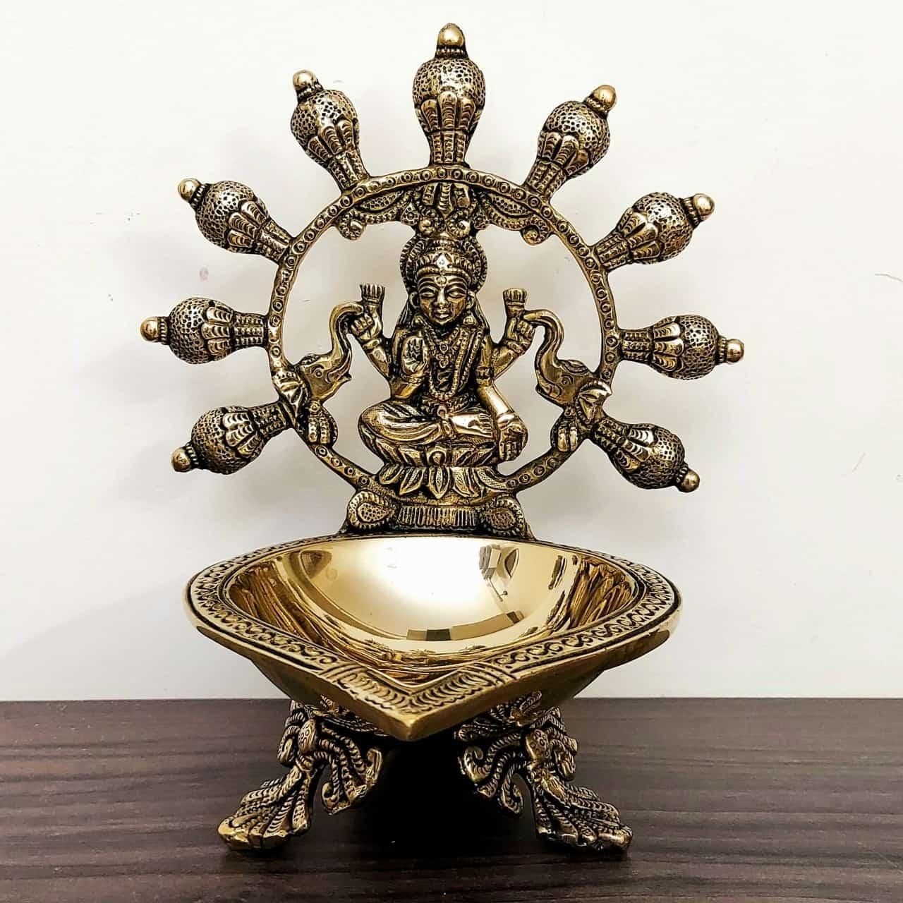 Brass Gaja Lakshmi Diya - 8 inch Height - 8.2 inch Height | Decorative Brass Diya with Gaja Lakshmi Design