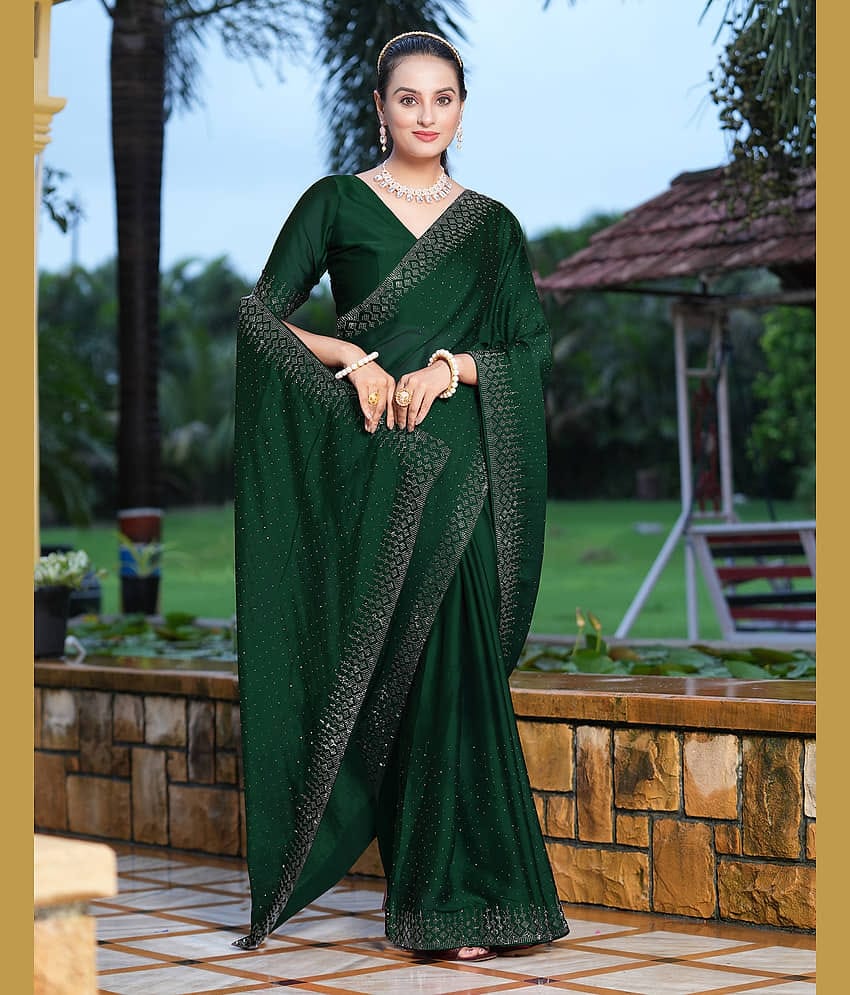 Satrani Georgette Embellished Saree With Unstitched Blouse Piece ( Green )