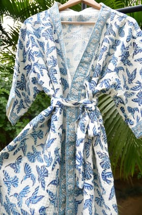 Blue Bird waffle cotton Handblock Bathrobe Blue Bird waffle cotton Handblock Bathrobe