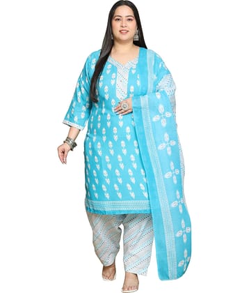 Rajnandini Women Cotton Blend Printed Straight Kurti With Patiala Salwar ( Teal )