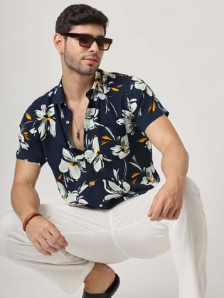 Navy, White And Green Floral Print Premium Rayon Shirt-38