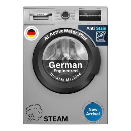 Bosch 8 kg 5 Star Front Load Fully-Automatic Washing Machine, Steam Hygiene, AI ActiveWater, 15 Wash Programs, No Tangle or Wrinkle, SoftCare Paddle, Shiny Silver, WAJ2826BIN Bosch 8 kg 5 Star Front Load Fully-Automatic Washing Machine, Steam Hygiene, AI