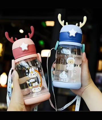 SARVASHVA TRENDS Cartoon Water Bottle with Straw Multicolour Plastic School Water Bottle 600 mL ( Set of 1 )