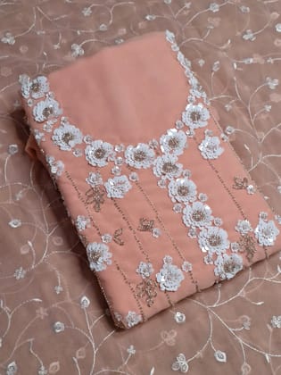 Peach Colour Georgette Sequence Work Unstitched Suit Fabric with Dupatta-Free Size / Peach