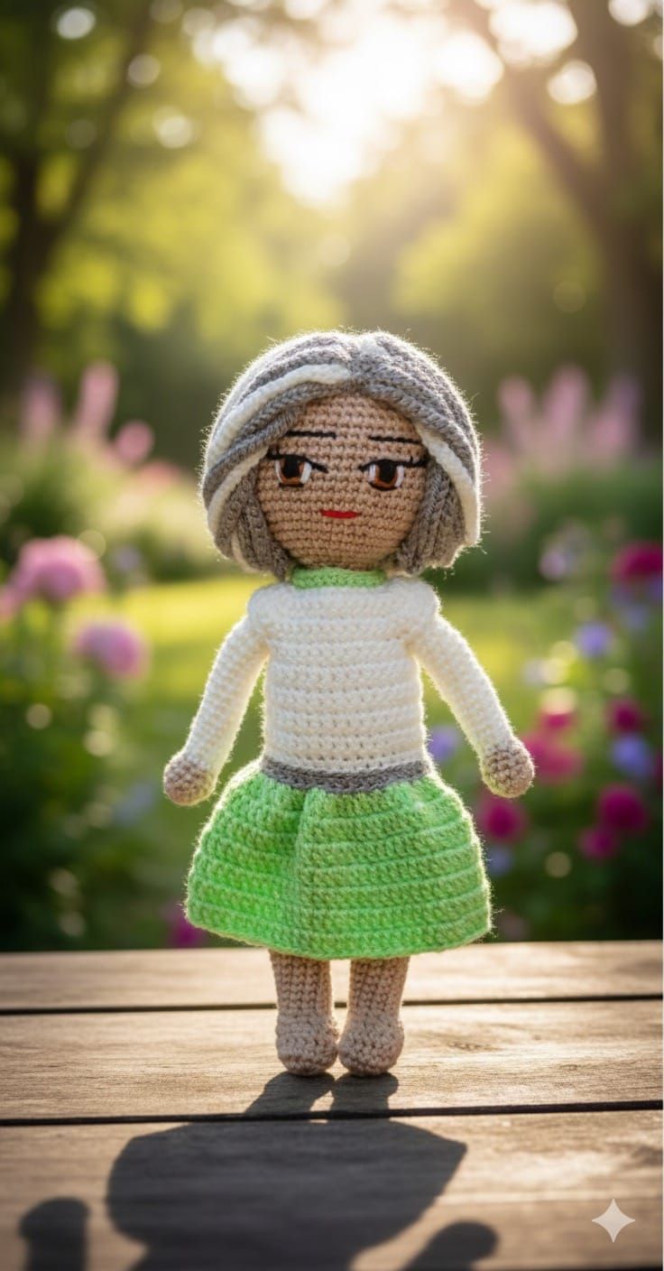Sakha Crochet Doll White Gray Green
