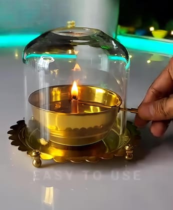 Gold Brass Akhand Jyoth Diya With Glass Cover | Deep Golden Pooja Deepak Diya With Wick Lifting Screw Lever | Perfect For Diwali, Navratri And Decoration