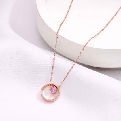 Sterling Silver Circular Zircon Necklace-Pink Stone / Rose Gold