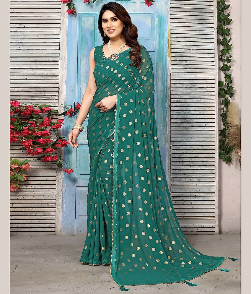 Samah Georgette Printed Saree With Unstitched Blouse Piece ( Green )
