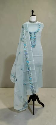 Kota Doria Handloom Dress Material with Blue Floral Gota Patti Yoke
