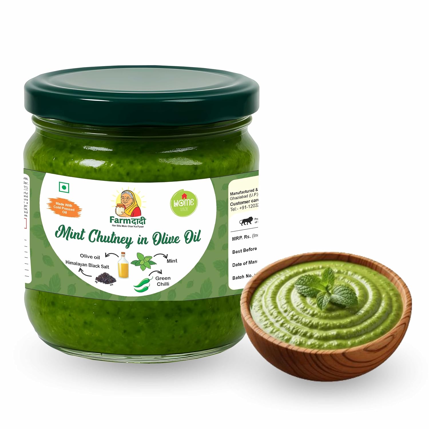 Farm Dadi Mint Chutney Made in 100% Olive Oil | Cool and Vibrant,Offers The Perfect Blend of Mint, Green Chillies | Serve with Kebabs, Tandoori Starters, or Enjoy as a Spread | 325g