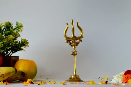 Brass Trishul, Trident Damru with Stand Brass (Color - Golden, Size - 7H *2.25L*2B) by Snova Enterprises