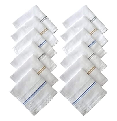 100% Cotton Striped Handkerchiefs, Set of 12, White with Grey, Blue, and Tan Stripes, 40 cm x 40 cm