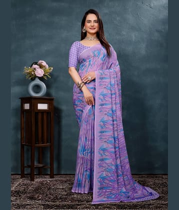 Kanooda Prints Georgette Printed Saree With Unstitched Blouse Piece ( Purple )