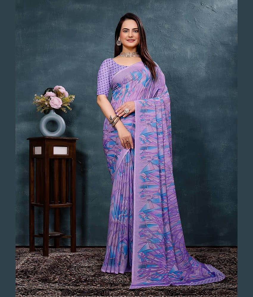 Kanooda Prints Georgette Printed Saree With Unstitched Blouse Piece ( Purple )