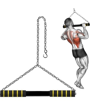 Shopeleven Heavy-Duty Pull-Up Bar with Chain | Multi-Functional Upper Body Workout Equipment | Home Gym Lat Pull Bar | Durable Steel Build | Anti-Slip Grip | Easy Installation(Yellow)