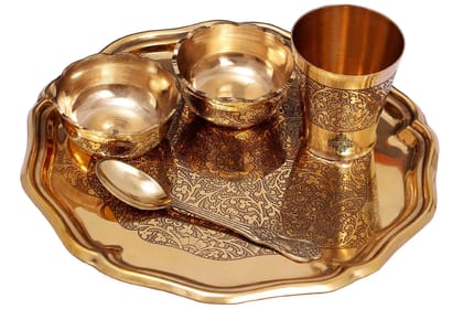 Handcrafted Pure Brass with Beautiful Embossed Design, 5 Piece Bhog Thali, Dinnerware, Tableware