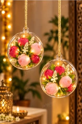 Artificial Peony Flowers Decoration with Cork Light, 2 Glass Globes, Diwali Decoration Items, Festive Home Decor