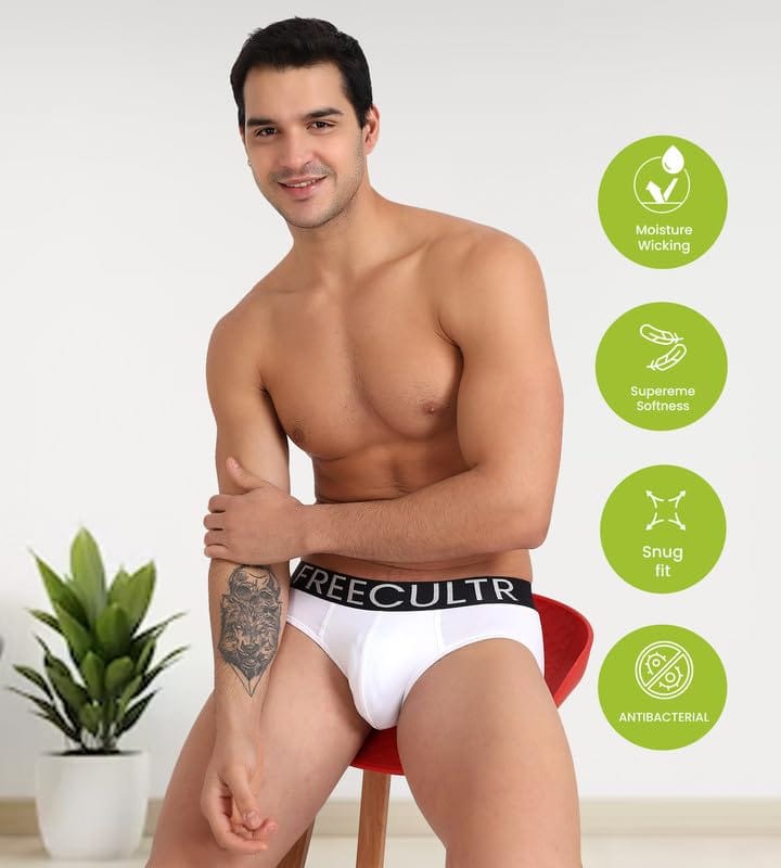 FREECULTR Men's Underwear Organic Cotton (Ultrasoft Waistband) Premium Snug-Fit Brief Pack of 2-Black,White