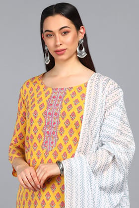 Mustard Polyester Straight Kurta Pant With Dupatta PKSKD1066