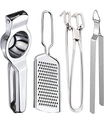 JISUN Silver Stainless Steel Lemon-Grater-Pakkad-Chimta ( Set of 4 )