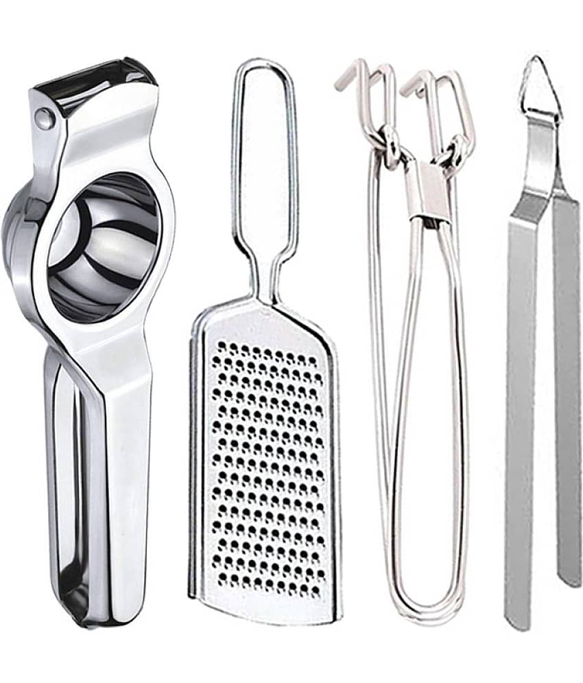 JISUN Silver Stainless Steel Lemon-Grater-Pakkad-Chimta ( Set of 4 )