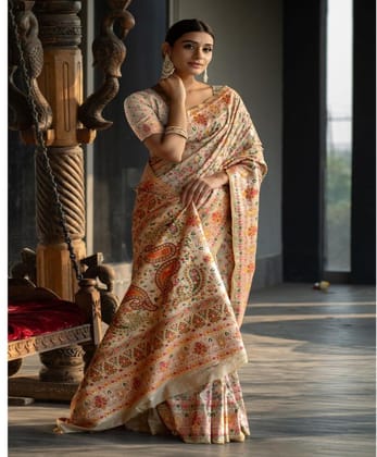 Women's Linen Printed Saree with Unstitched Blouse (Beige, 5-6 Mtrs)