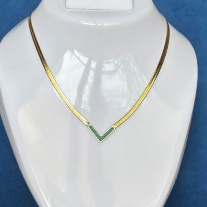 Anti Tarnish Stainless Steel Necklace - Green V Design
