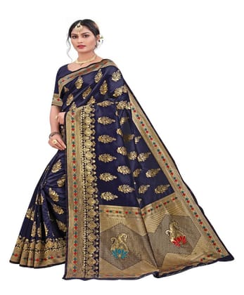 Women's Banarasi Silk Designer Weaving Saree with Unstitched Blouse (Blue, 5.50 Mtrs)