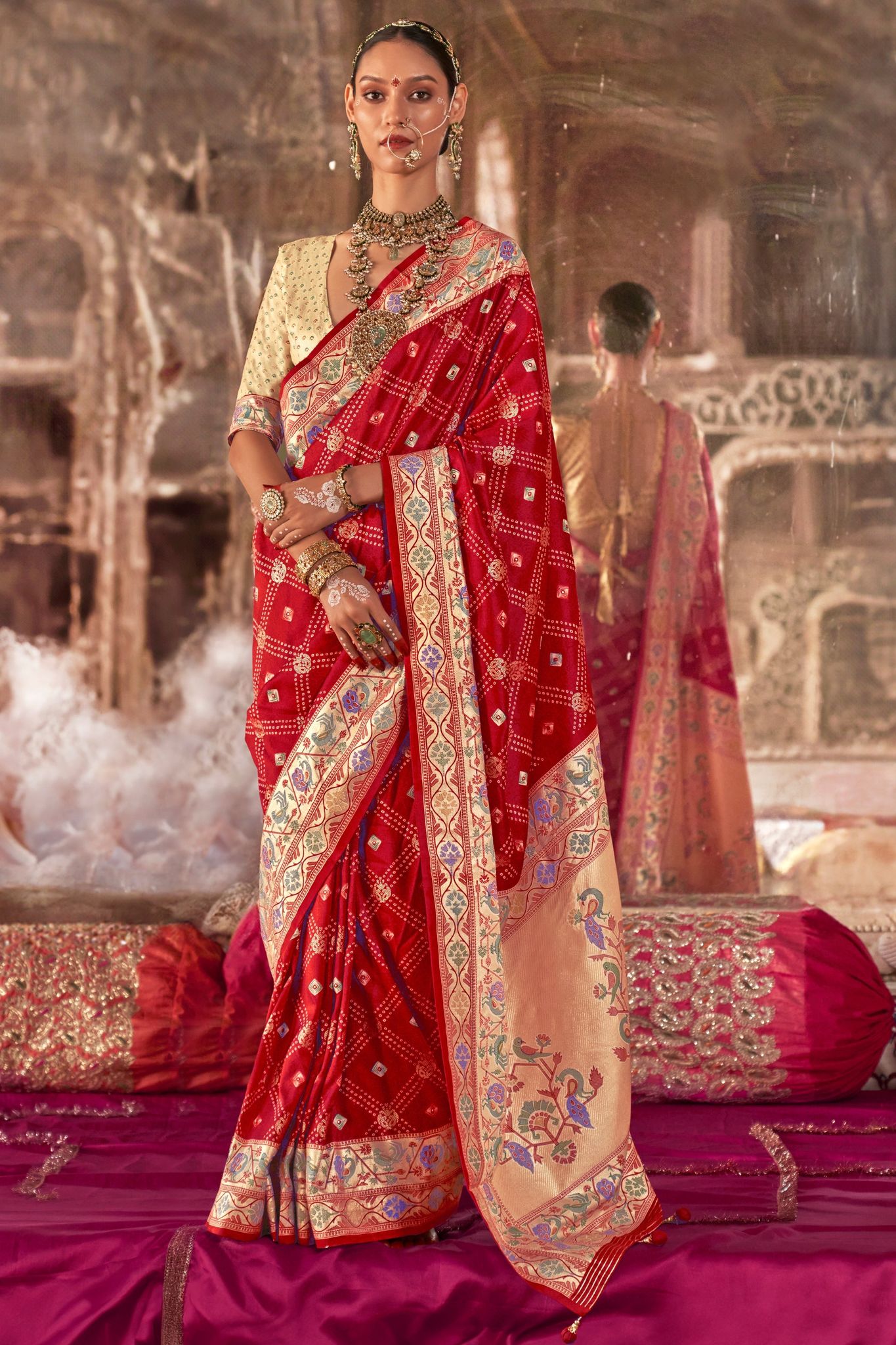 Red Printed Paithani Silk Saree