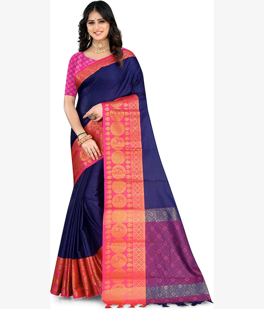 LEELAVATI Silk Woven Saree With Unstitched Blouse Piece ( Navy Blue )