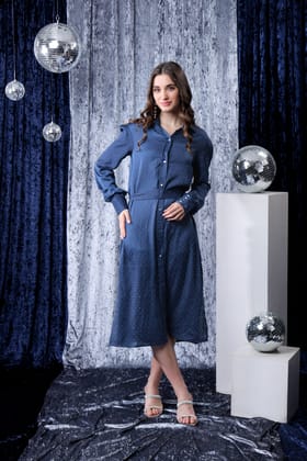 Navy Blue Svarovski Work Belted Shirt Dress-XXS / Navy Blue / DR008- F-LZSW0010 -1.8 MTR-NIL-NIL-NIL-NIL-NIL-THB013-FS001-NIL-BT0002-18-NIL-Nil-IMP. SATIN