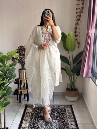 Ethenika Original Khadi Cotton Embroidery work Summer Special Kurti Pant Dupatta Set (Stitched)-White / M(38)