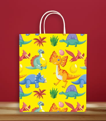 90 GSM Dinosaur Printed Paper Gift Bags, Ideal for Birthday Return Gifts, Kids Party, & Gifting on Special Occasions (Size: 11.4 x 9.4 x 4.7 inch) -  12