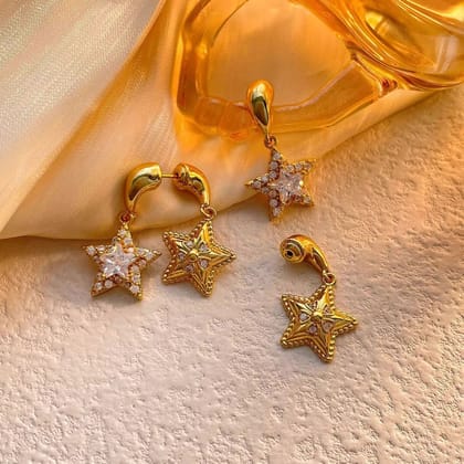 Dual Star Cubic Zirconia 18K Gold Anti Tarnish Drop Hoop Earring For Women