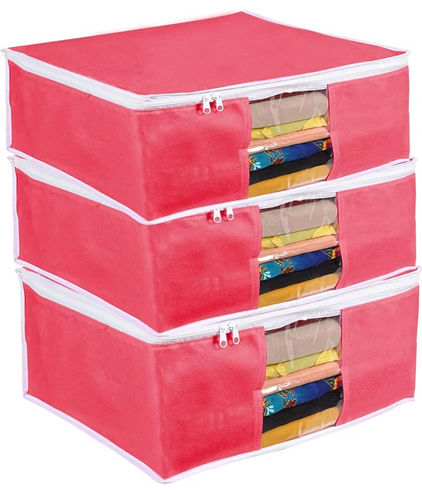 PrettyKrafts Presents Blue Saree Cover Storage Bags for Clothes Combo Offer Saree Organizer for Wardrobe/Organizers for Clothes/Organizers for Wardrobe Pack of 3 -Red