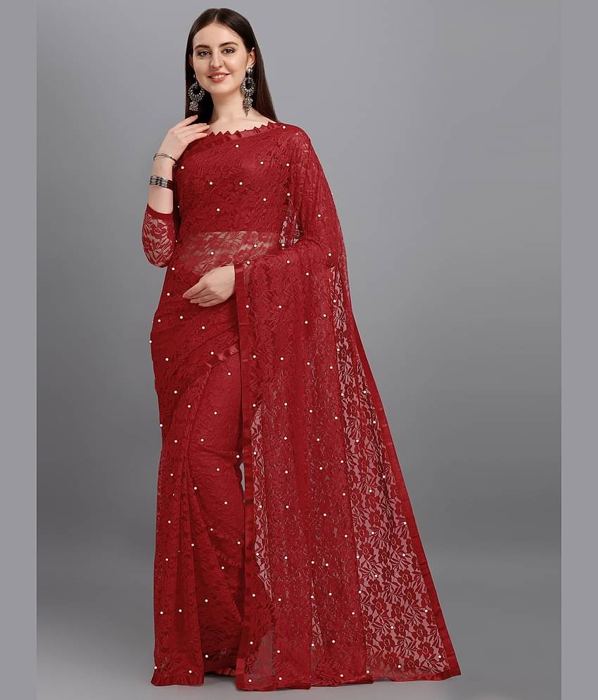 VANRAJ CREATION Net Self Design Saree With Unstitched Blouse Piece ( Maroon )
