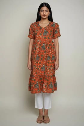 Floral Print Cotton Dress Orange Green Floral Print Cotton Dress Orange Green